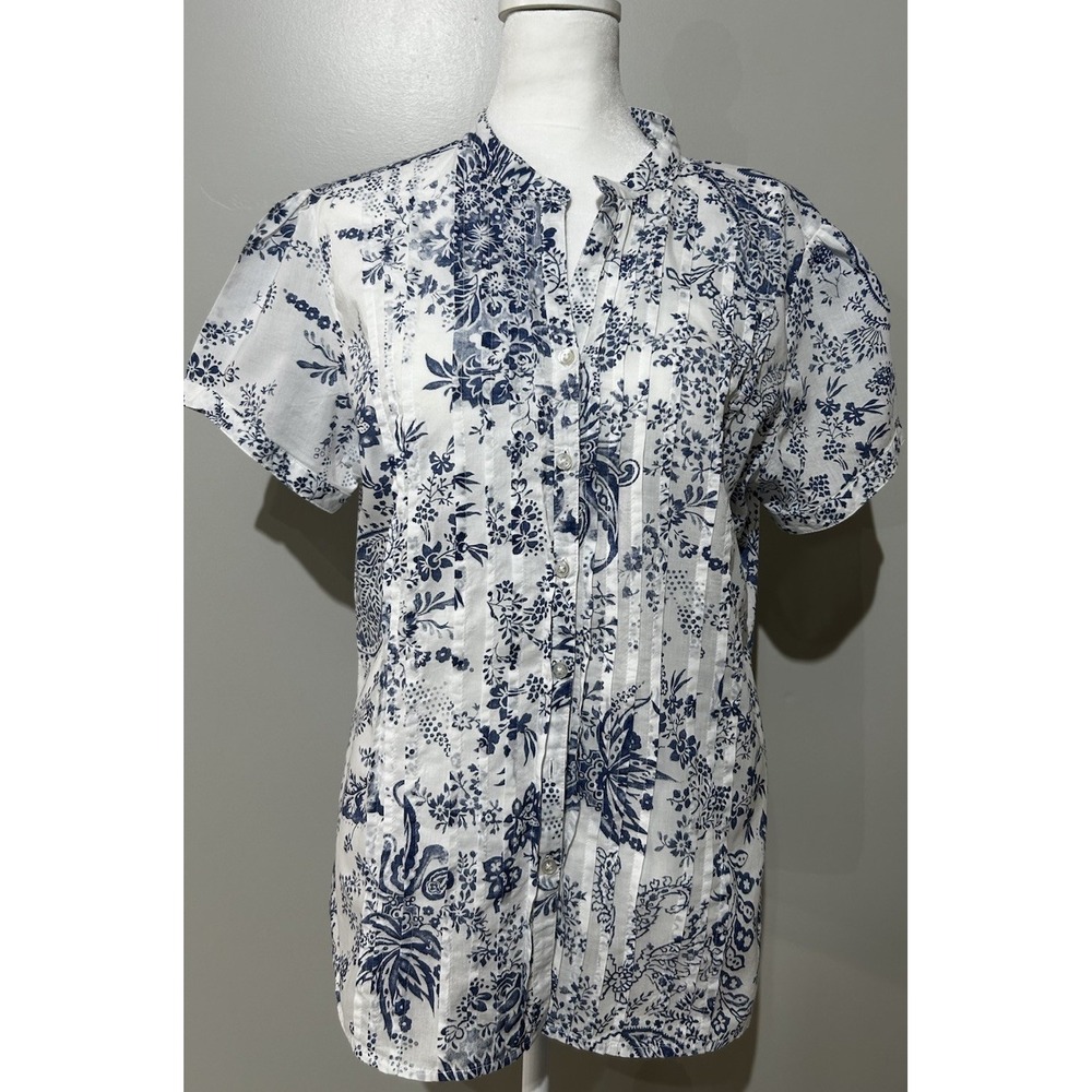 St. John's Bay Women's Floral Paisley Pintuck Blouse Shirt Blue White Large